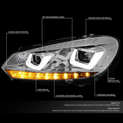 D-Motoring - 10-14 VW Golf/GTI Headlights - Chasing LED Turn Signal+3D DRL - Clear Lens - Projector - Plug-n-Play - Pair - 2