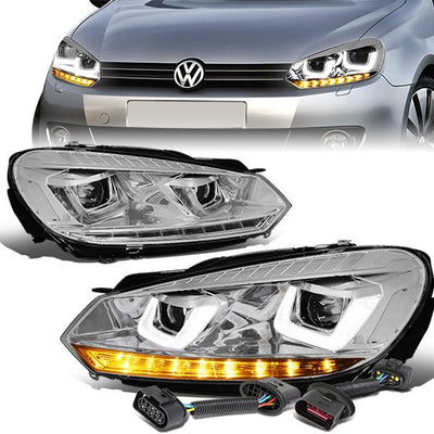 10-14 VW Golf GTI Headlights - Chasing LED Turn Signal+3D DRL - Clear Lens - Projector - Plug-n-Play - Pair