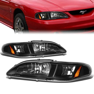 94-98 Ford Mustang Headlights - Black Housing - Amber Corner - Plug-n-Play - Pair
