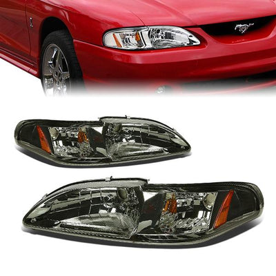 94-98 Ford Mustang Headlights - Smoked Housing - Amber Corner - Plug-n-Play - Pair