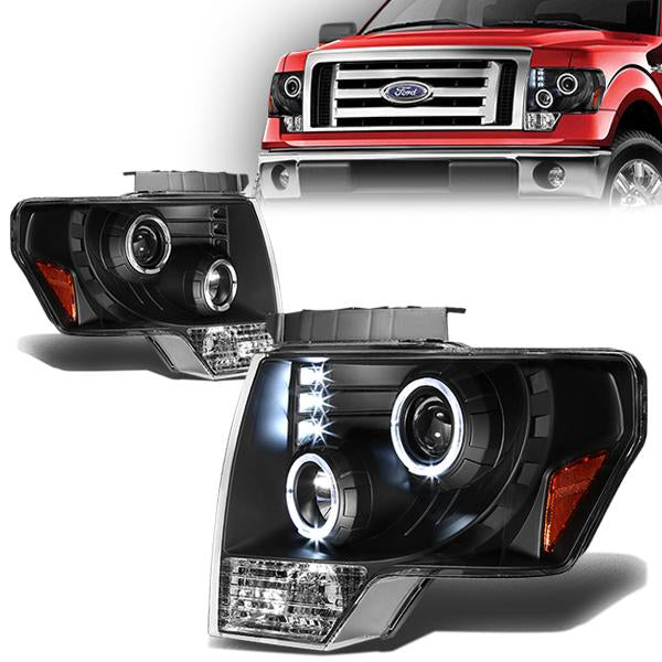 09-14 Ford F-150 Headlights - LED Halo Rings - Black Housing - Amber Corner - Projector - Plug-n-Play - Pair