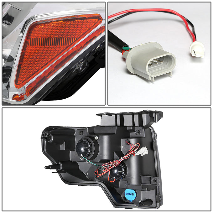 D-Motoring - Headlights - LED Halo Rings - Chrome Housing - Amber Corner - Projector - Plug-n-Play - Pair - 09-14 Ford F-150 - 4