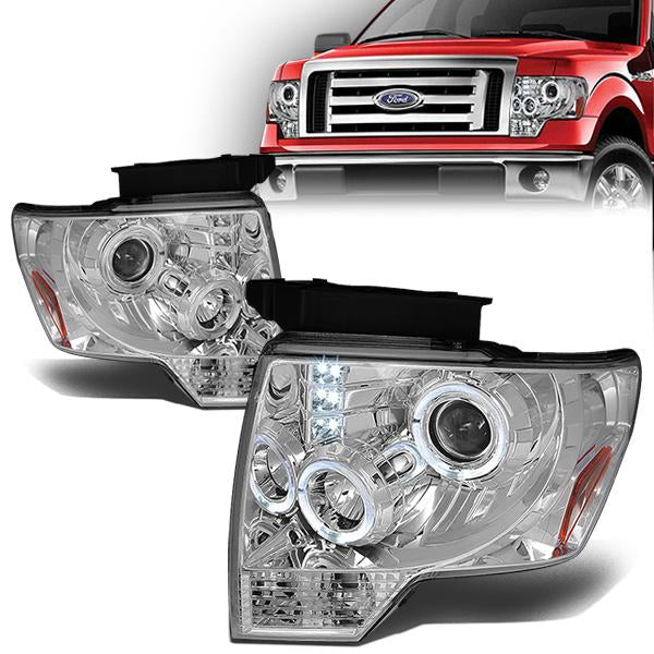 09-14 Ford F-150 Headlights - LED Halo Rings - Chrome Housing - Amber Corner - Projector - Plug-n-Play - Pair