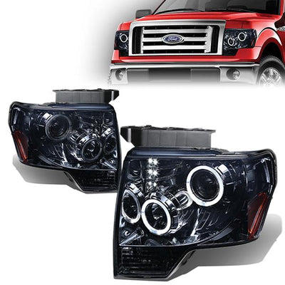 09-14 Ford F-150 Headlights - LED Halo Rings - Smoked Housing - Amber Corner - Projector - Plug-n-Play - Pair