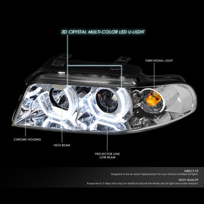 D-Motoring - Headlights - RGB Color LED U-Halo - Chrome Housing - Projector - Plug-n-Play - Pair - 96-01 Audi A4 & Quattro Models - 2