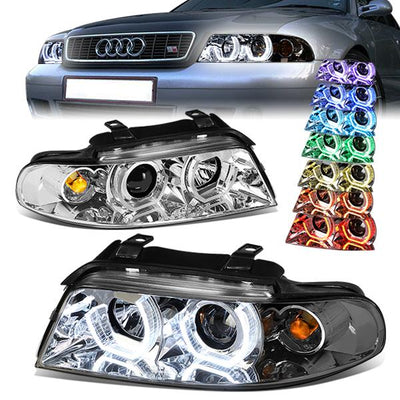 96-01 Audi A4 Quattro Models Headlights - RGB Color LED U-Halo - Chrome Housing - Projector - Plug-n-Play - Pair