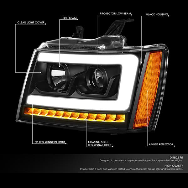 07-14 Tahoe Suburban Headlights - LED Sequential Signal - Clear Lens - Amber Corner - Projector - Pair - 2