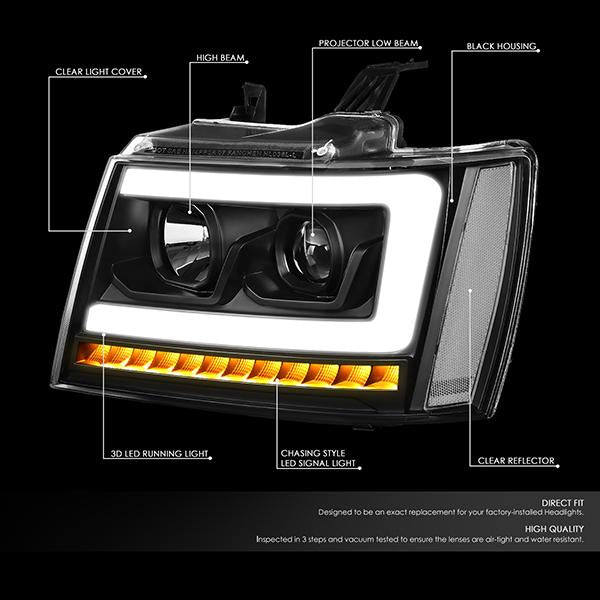 07-14 Tahoe Suburban Headlights - LED Sequential Signal - Clear Lens - Clear Corner - Projector - Pair - 2