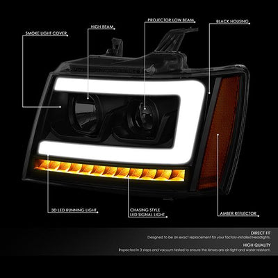 07-14 Tahoe Suburban Headlights - LED Sequential Signal - Smoked Lens - Amber Corner - Projector - Pair - 2