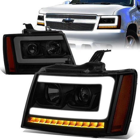 07-14 Tahoe Suburban Headlights - LED Sequential Signal - Smoked Lens - Amber Corner - Projector - Pair - 1