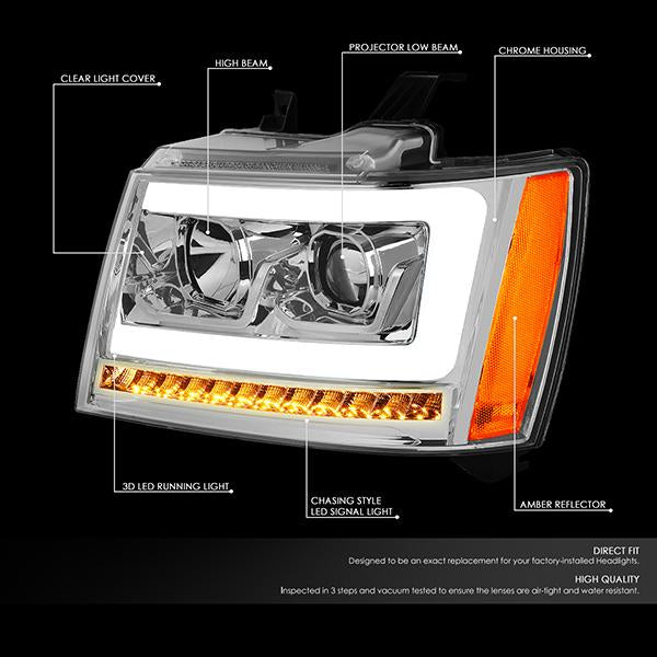 07-14 Tahoe Suburban Headlights - LED Sequential Signal - Clear Lens - Amber Corner - Projector - Pair - 2