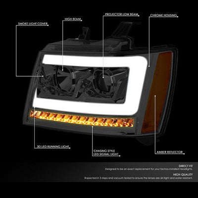 07-14 Tahoe Suburban Headlights - LED Sequential Signal - Smoked Lens - Amber Corner - Projector - Pair - 2