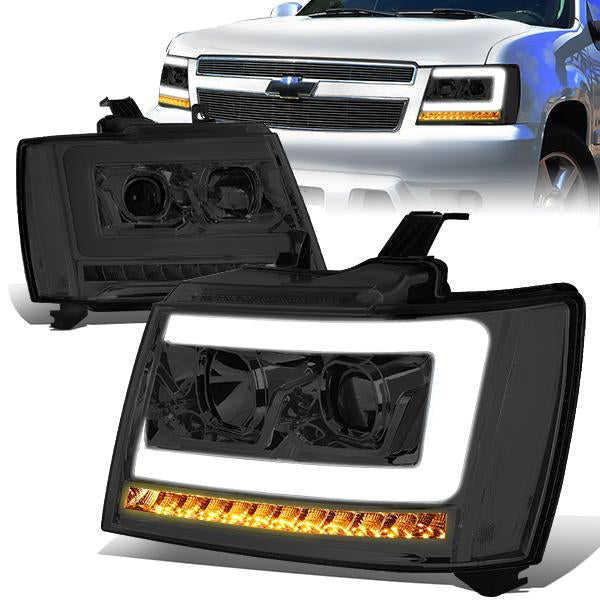 07-14 Tahoe Suburban Headlights - LED Sequential Signal - Smoked Lens - Clear Corner - Projector - Pair - 1