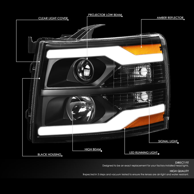D-Motoring - 7-14 Chevy Silverado 1500 2500 3500 Headlights - Dual LED DRL Strips - Clear Lens - Amber Corner - Plug-n-Play - Pair - 2