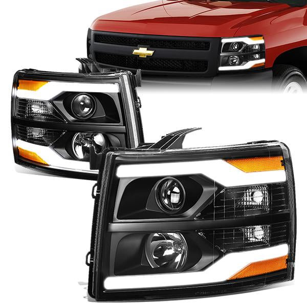 7-14 Chevy Silverado 1500 2500 3500 Headlights - Dual LED DRL Strips - Clear Lens - Amber Corner - Plug-n-Play - Pair
