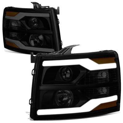 D-Motoring - 07-14 Chevy Silverado Headlights - Dual LED DRL Tube - Smoked Lens - Amber Corner - Projector - Plug-n-Play - Pair - 1