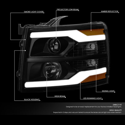 D-Motoring - 07-14 Chevy Silverado Headlights - Dual LED DRL Tube - Smoked Lens - Amber Corner - Projector - Plug-n-Play - Pair - 2