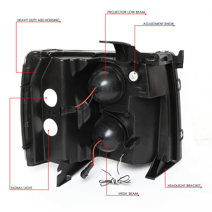 D-Motoring - 07-14 Chevy Silverado Headlights - Dual LED DRL Tube - Smoked Lens - Amber Corner - Projector - Plug-n-Play - Pair - 6