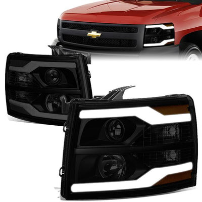 07-14 Chevy Silverado Headlights - Dual LED DRL Tube - Smoked Lens - Amber Corner - Projector - Plug-n-Play - Pair