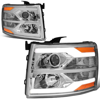 D-Motoring - 07-14 Chevy Silverado Headlights - Dual LED DRL Tube - Clear Lens - Amber Corner - Projector - Plug-n-Play - Pair - 1