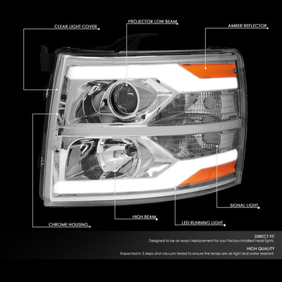 D-Motoring - 07-14 Chevy Silverado Headlights - Dual LED DRL Tube - Clear Lens - Amber Corner - Projector - Plug-n-Play - Pair - 2