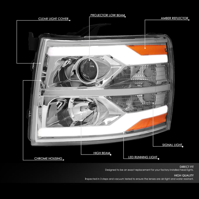 D-Motoring - 07-14 Chevy Silverado Headlights - Dual LED DRL Tube - Clear Lens - Amber Corner - Projector - Plug-n-Play - Pair - 2