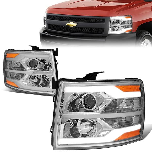 07-14 Chevy Silverado Headlights - Dual LED DRL Tube - Clear Lens - Amber Corner - Projector - Plug-n-Play - Pair