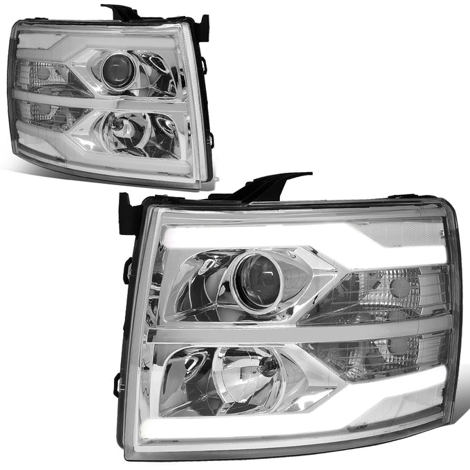 D-Motoring - 07-14 Chevy Silverado Headlights - Dual LED DRL Tube - Clear Lens - Clear Corner - Projector - Plug-n-Play - Pair - 1