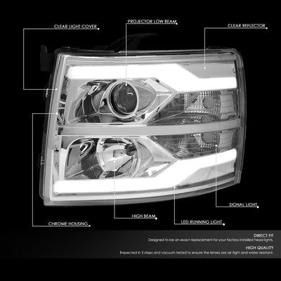 D-Motoring - 07-14 Chevy Silverado Headlights - Dual LED DRL Tube - Clear Lens - Clear Corner - Projector - Plug-n-Play - Pair - 2