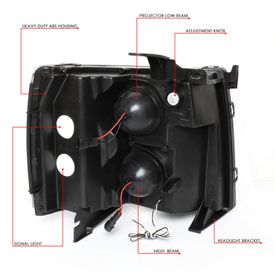 D-Motoring - 07-14 Chevy Silverado Headlights - Dual LED DRL Tube - Clear Lens - Clear Corner - Projector - Plug-n-Play - Pair - 6