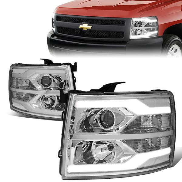 07-14 Chevy Silverado Headlights - Dual LED DRL Tube - Clear Lens - Clear Corner - Projector - Plug-n-Play - Pair