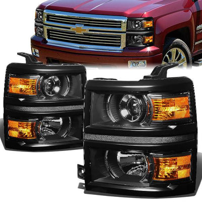 14-15 Chevrolet Silverado 1500 Headlights - Black Housing - Amber Corner - Projector - Plug-n-Play - Pair