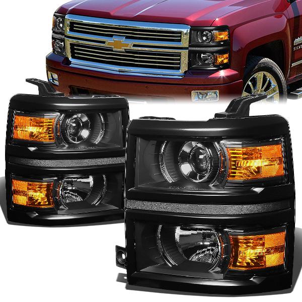 14-15 Chevrolet Silverado 1500 Headlights - Black Housing - Amber Corner - Projector - Plug-n-Play - Pair