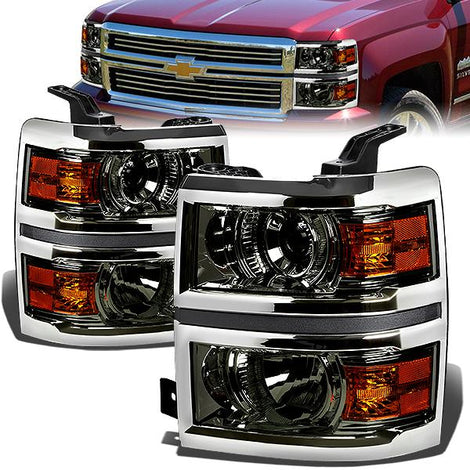 14-15 Chevrolet Silverado 1500 Headlights - Smoked Housing - Amber Corner - Projector - Plug-n-Play - Pair