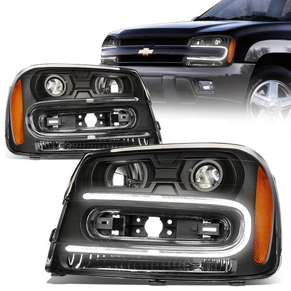 02-09 Chevy Chevrolet Trailblazer Trailblazer EXT Headlights - LED DRL - Black Housing - Amber Corner - Projector - Plug-n-Play - Pair