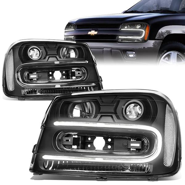 02-06 Chevrolet Trailblazer EXT Headlights - LED DRL - Black Housing - Clear Reflector - Projector - Plug-n-Play - Pair
