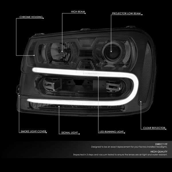 D-Motoring - 02-09 Chevy TrailblazerHeadlights - LED DRL - Smoked Housing - Clear Corner - Projector - Plug-n-Play - Pair - 2