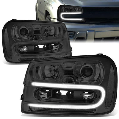 02-09 Chevy Trailblazer Headlights - LED DRL - Smoked Housing - Clear Corner - Projector - Plug-n-Play - Pair