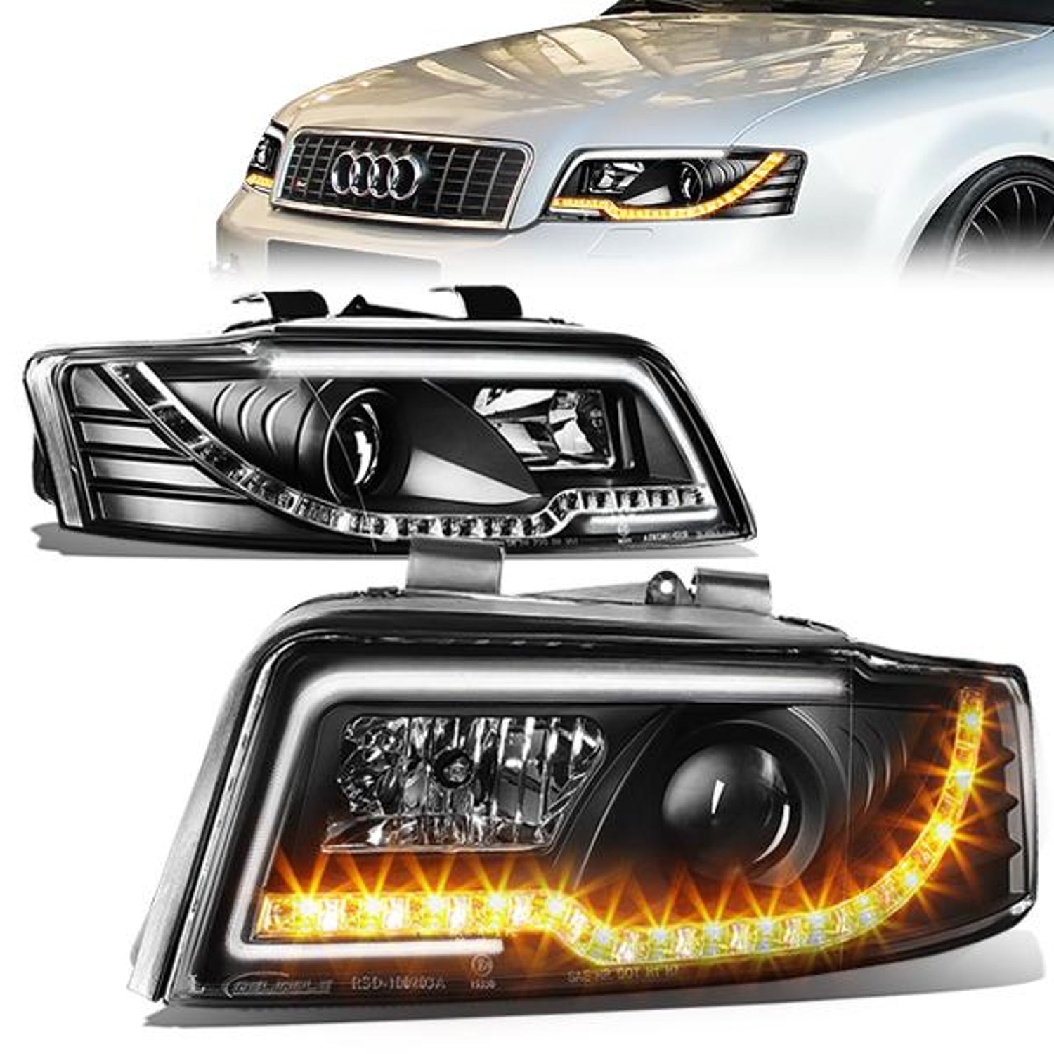 02-05 Audi A4 Quattro S4 Quattro Headlights - LED DRL+Turn Signal - Black Housing - Projector - Plug-n-Play - Pair