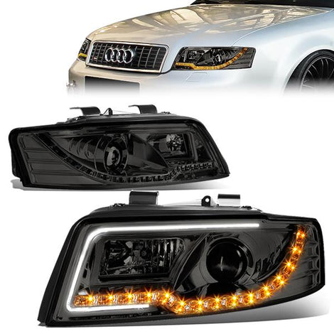 02-05 Audi A4 Quattro S4 Quattro Headlights - LED DRL+Turn Signal - Smoked Housing - Projector - Plug-n-Play - Pair