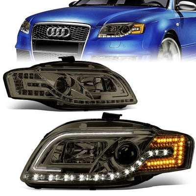 05-08 Audi A4 S4 Wagon Headlights - LED DRL+Turn Signal - Smoked Housing - Projector - Plug-n-Play - Pair