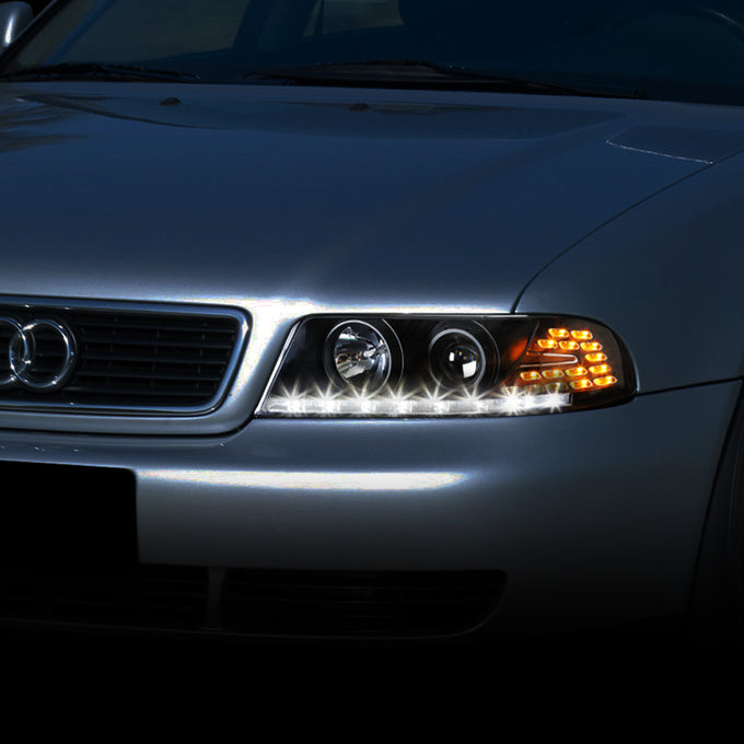 D-Motoring - Headlights - LED DRL+Corner - Black Housing - Projector - Plug-n-Play - Pair - 96-01 Audi A4 & Quattro Models - 7