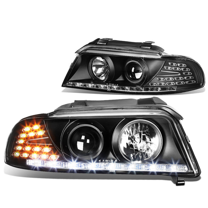 D-Motoring - Headlights - LED DRL+Corner - Black Housing - Projector - Plug-n-Play - Pair - 96-01 Audi A4 & Quattro Models - 1