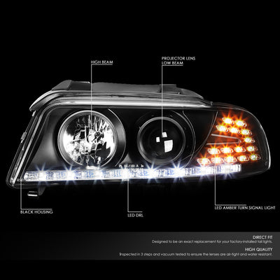 D-Motoring - Headlights - LED DRL+Corner - Black Housing - Projector - Plug-n-Play - Pair - 96-01 Audi A4 & Quattro Models - 2