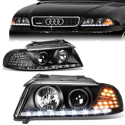 96-01 Audi A4 Quattro Models Headlights - LED DRL+Corner - Black Housing - Projector - Plug-n-Play - Pair