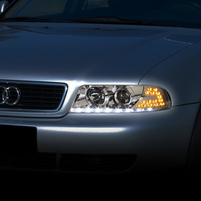 D-Motoring - Headlights - LED DRL+Corner - Chrome Housing - Projector - Plug-n-Play - Pair - 96-01 Audi A4 & Quattro Models - 7