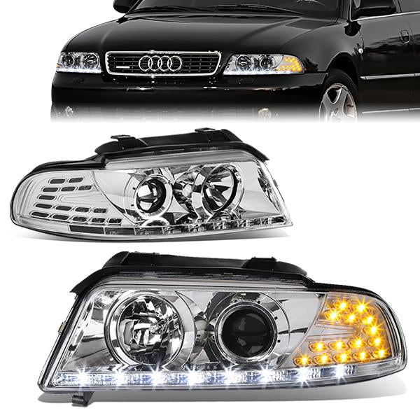 96-01 Audi A4 Quattro Models Headlights - LED DRL+Corner - Chrome Housing - Projector - Plug-n-Play - Pair