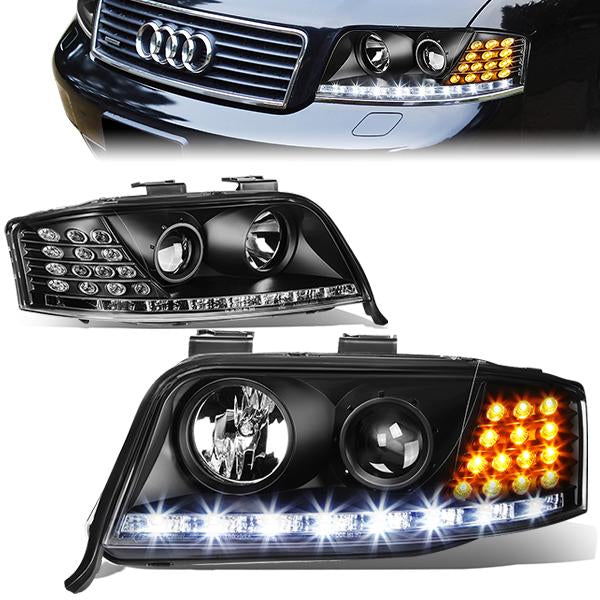 02-04 Audi A6 Quattro Headlights - LED DRL - Black Housing - Projector - Plug-n-Play - Pair