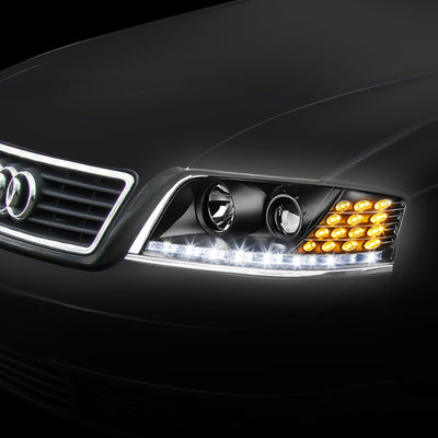 D-Motoring - Headlights - LED DRL+Corner - Black Housing - Projector - Plug-n-Play - Pair - 98-01 Audi A6 / A6 Quattro - 7