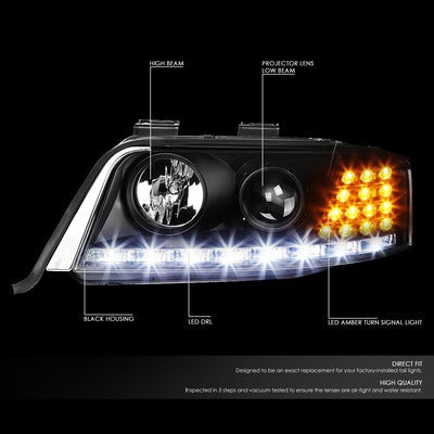 D-Motoring - Headlights - LED DRL+Corner - Black Housing - Projector - Plug-n-Play - Pair - 98-01 Audi A6 / A6 Quattro - 2
